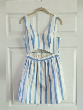 Light Blue and White Striped Open Waist Dress, Size S